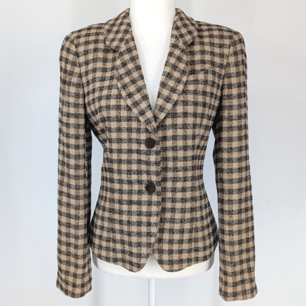 Giorgio Armani Le Collezioni Vintage Tan Black Plaid Wool Blazer Suit Jacket 6